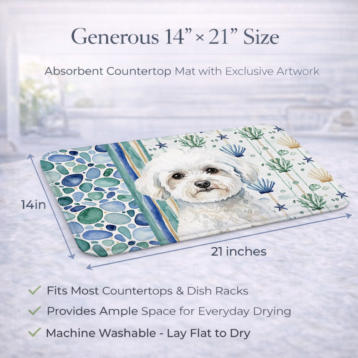 Picture of Carolines Treasures WDK6914DDM 21 x 14 in. Bichon Frise Coastal Sea Glass Dish Drying Mat
