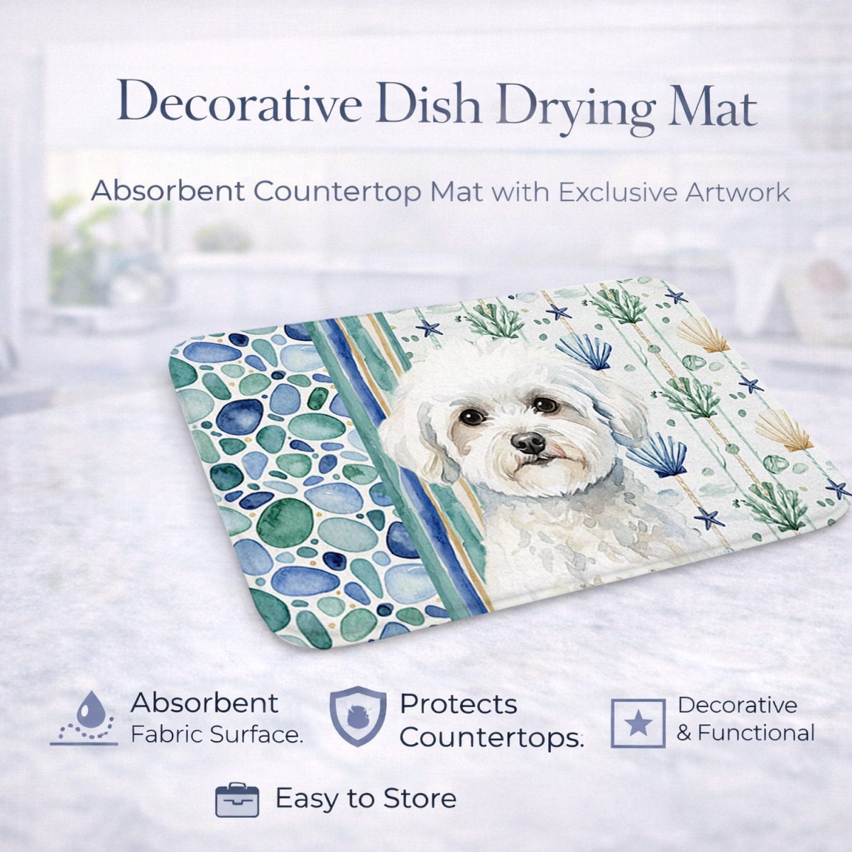 Picture of Carolines Treasures WDK6914DDM 21 x 14 in. Bichon Frise Coastal Sea Glass Dish Drying Mat