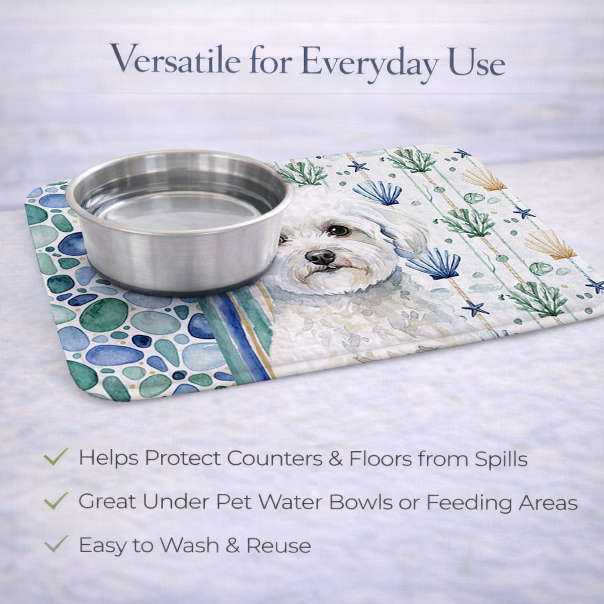 Picture of Carolines Treasures WDK6914DDM 21 x 14 in. Bichon Frise Coastal Sea Glass Dish Drying Mat