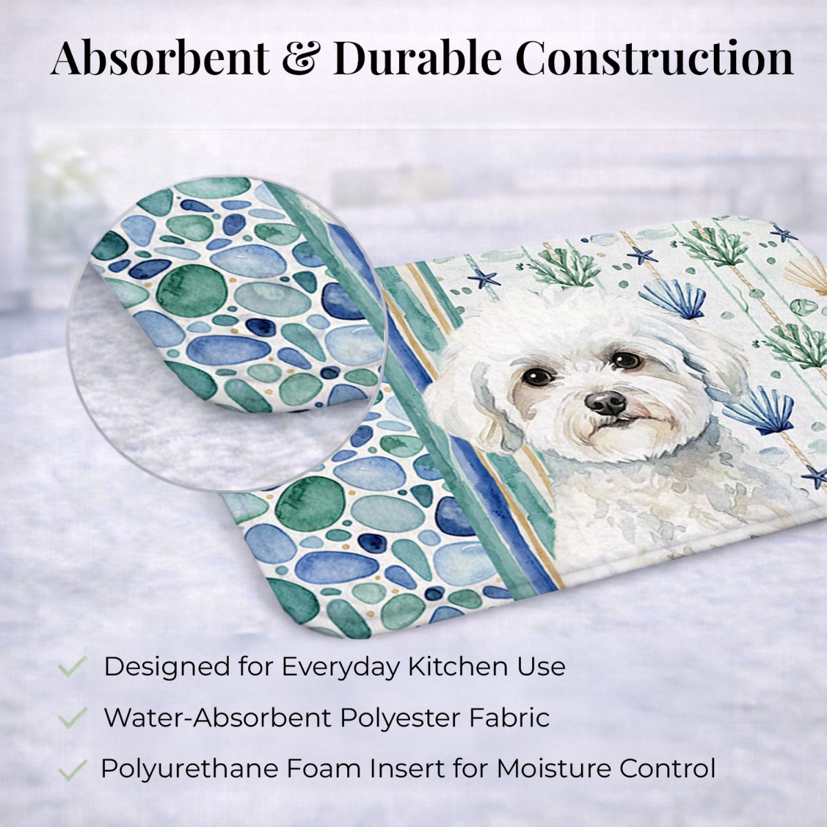 Picture of Carolines Treasures WDK6914DDM 21 x 14 in. Bichon Frise Coastal Sea Glass Dish Drying Mat