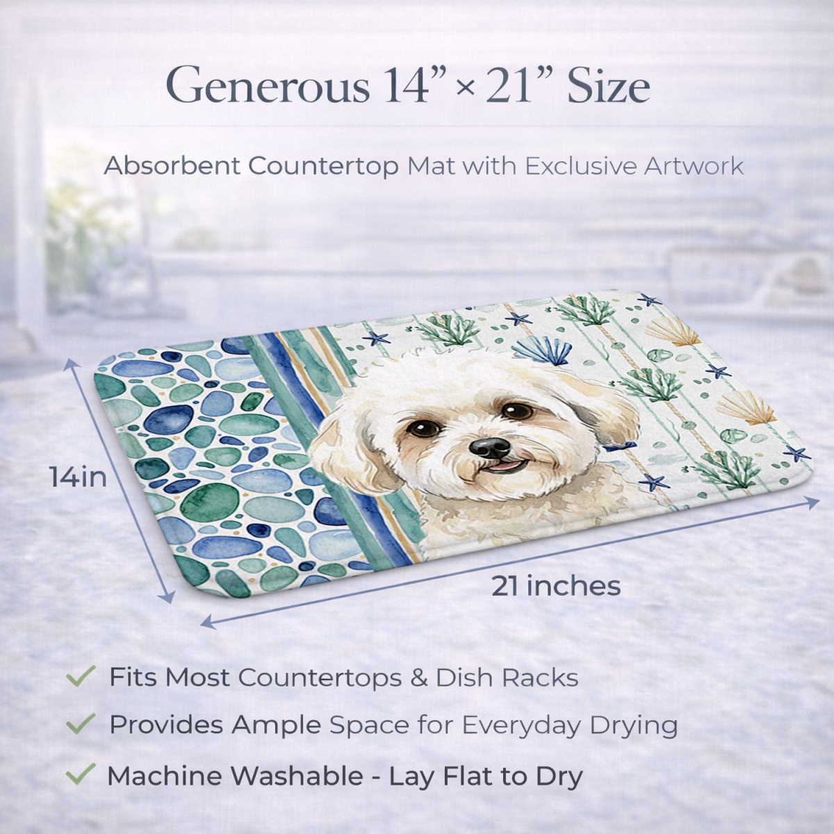 Picture of Carolines Treasures WDK6915DDM 21 x 14 in. White & Cream Bichon Frise Coastal Sea Glass Dish Drying Mat