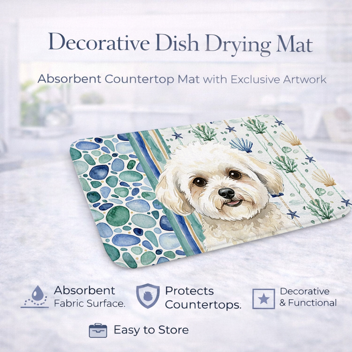 Picture of Carolines Treasures WDK6915DDM 21 x 14 in. White & Cream Bichon Frise Coastal Sea Glass Dish Drying Mat