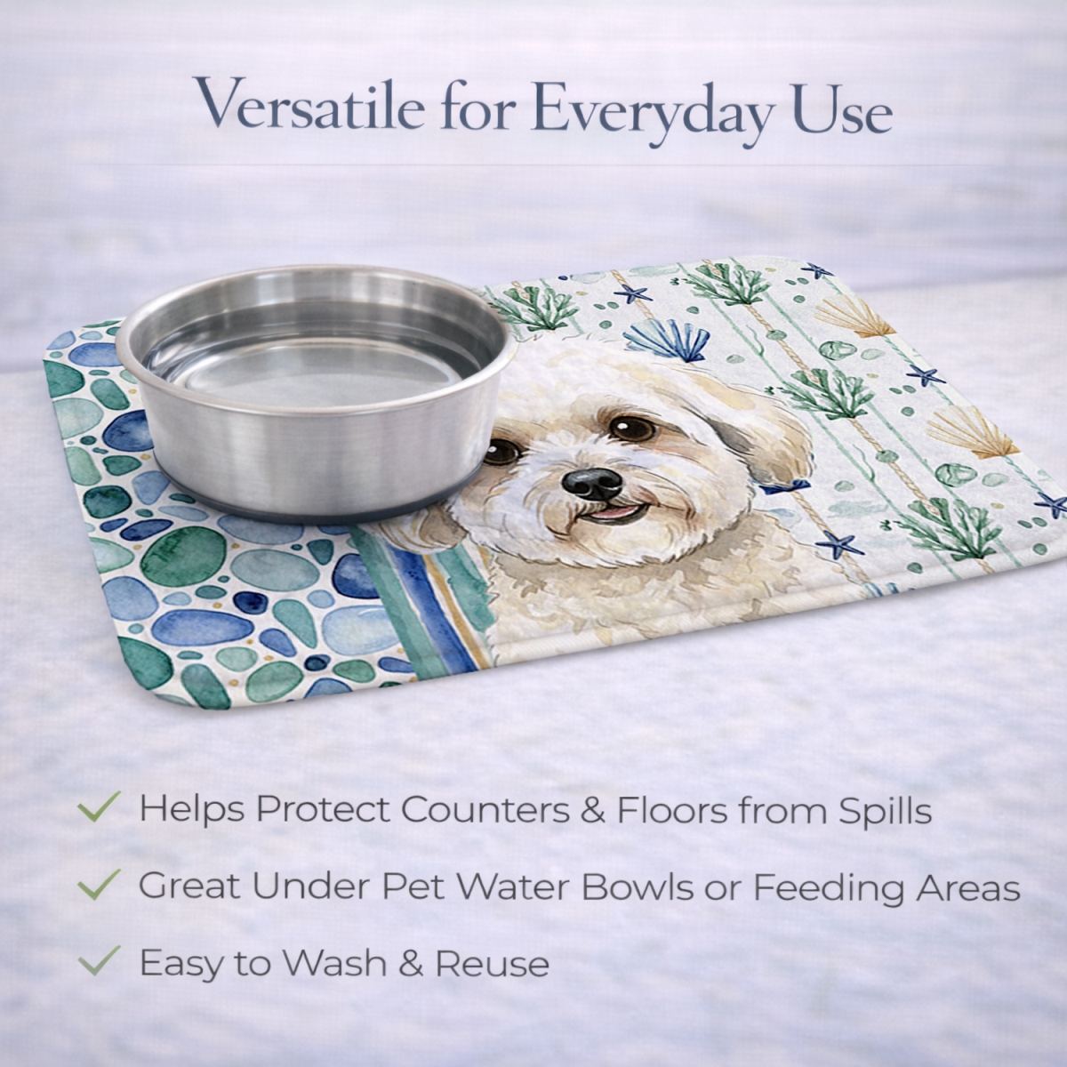Picture of Carolines Treasures WDK6915DDM 21 x 14 in. White & Cream Bichon Frise Coastal Sea Glass Dish Drying Mat