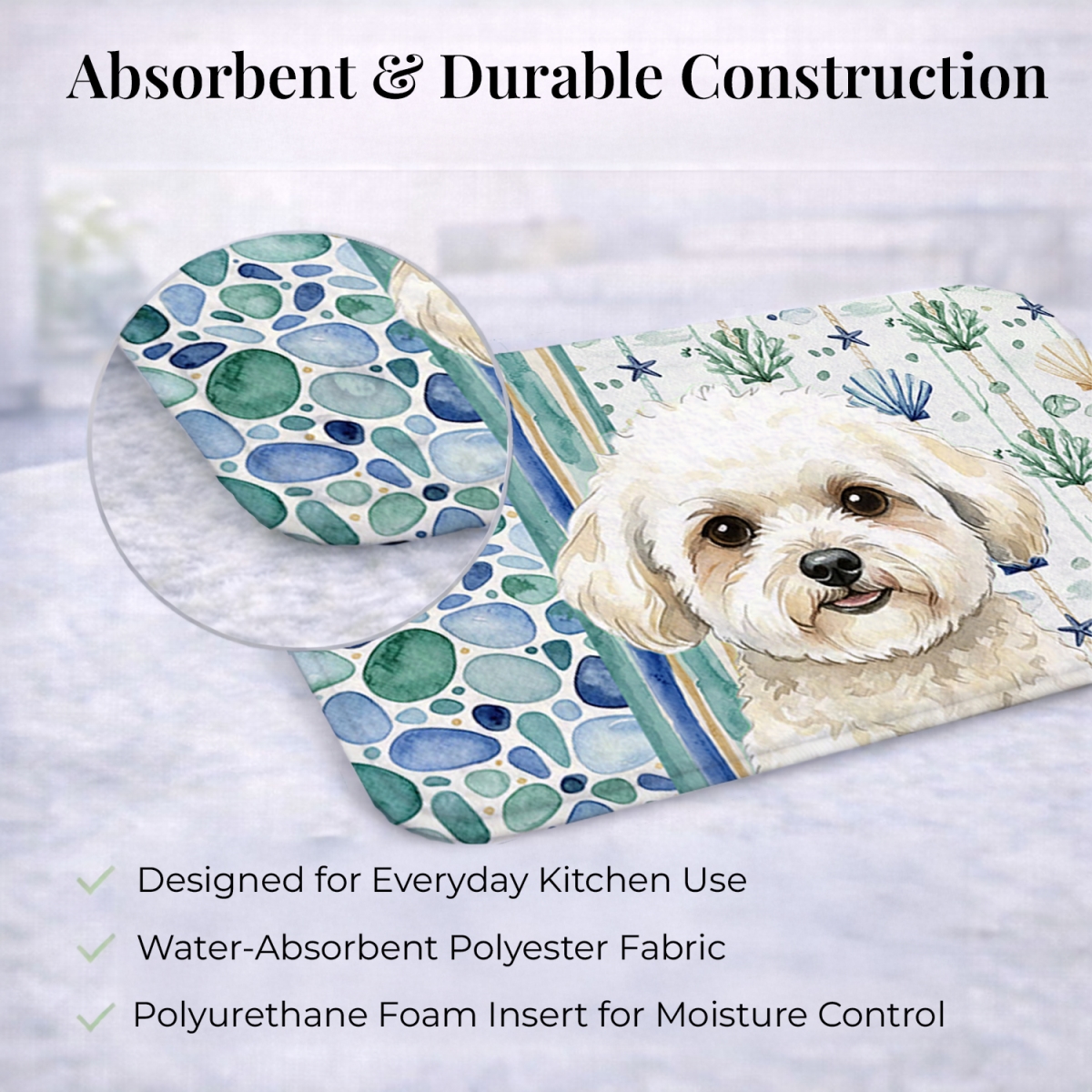 Picture of Carolines Treasures WDK6915DDM 21 x 14 in. White & Cream Bichon Frise Coastal Sea Glass Dish Drying Mat