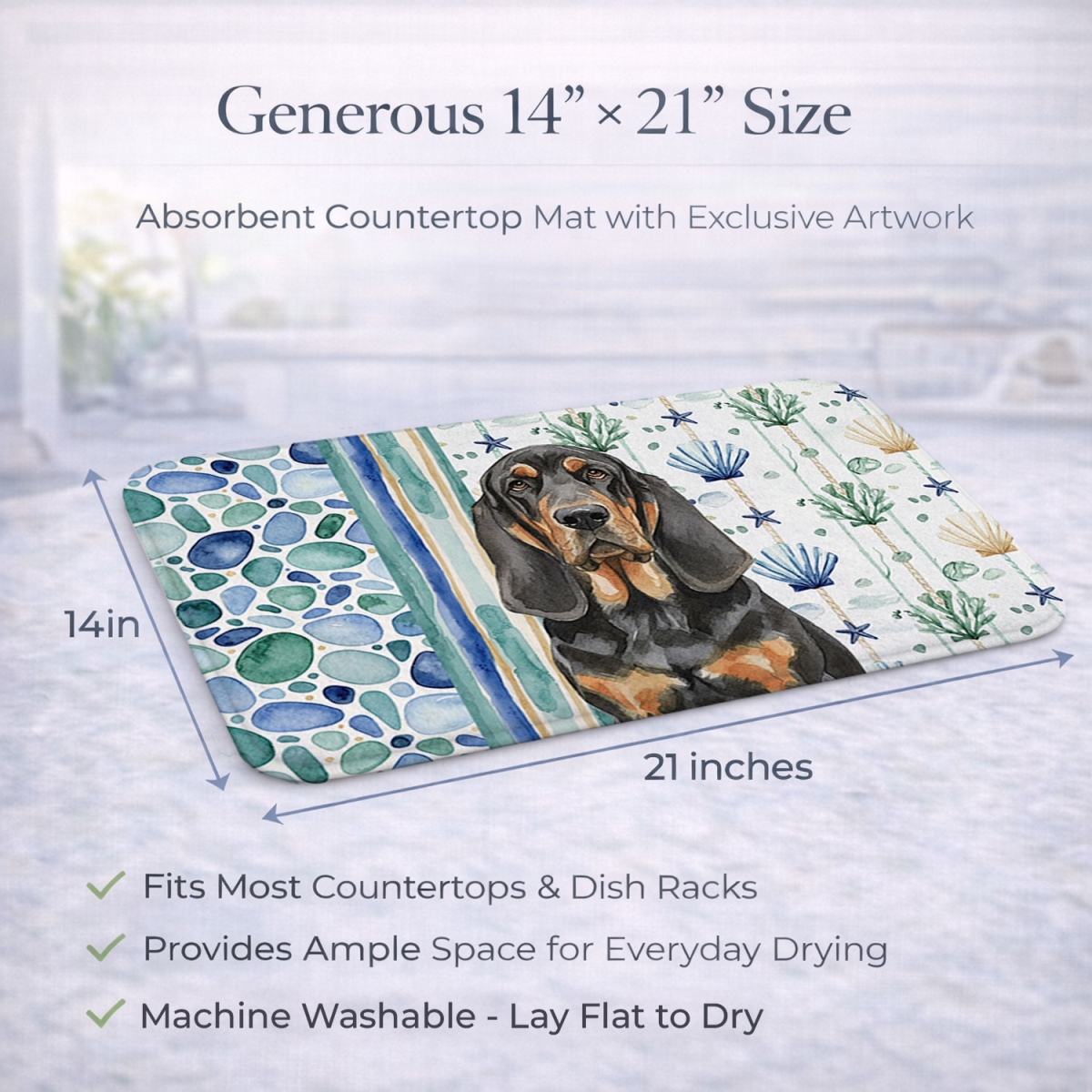 Picture of Carolines Treasures WDK6917DDM 21 x 14 in. Black & Tan Bloodhound Coastal Sea Glass Dish Drying Mat