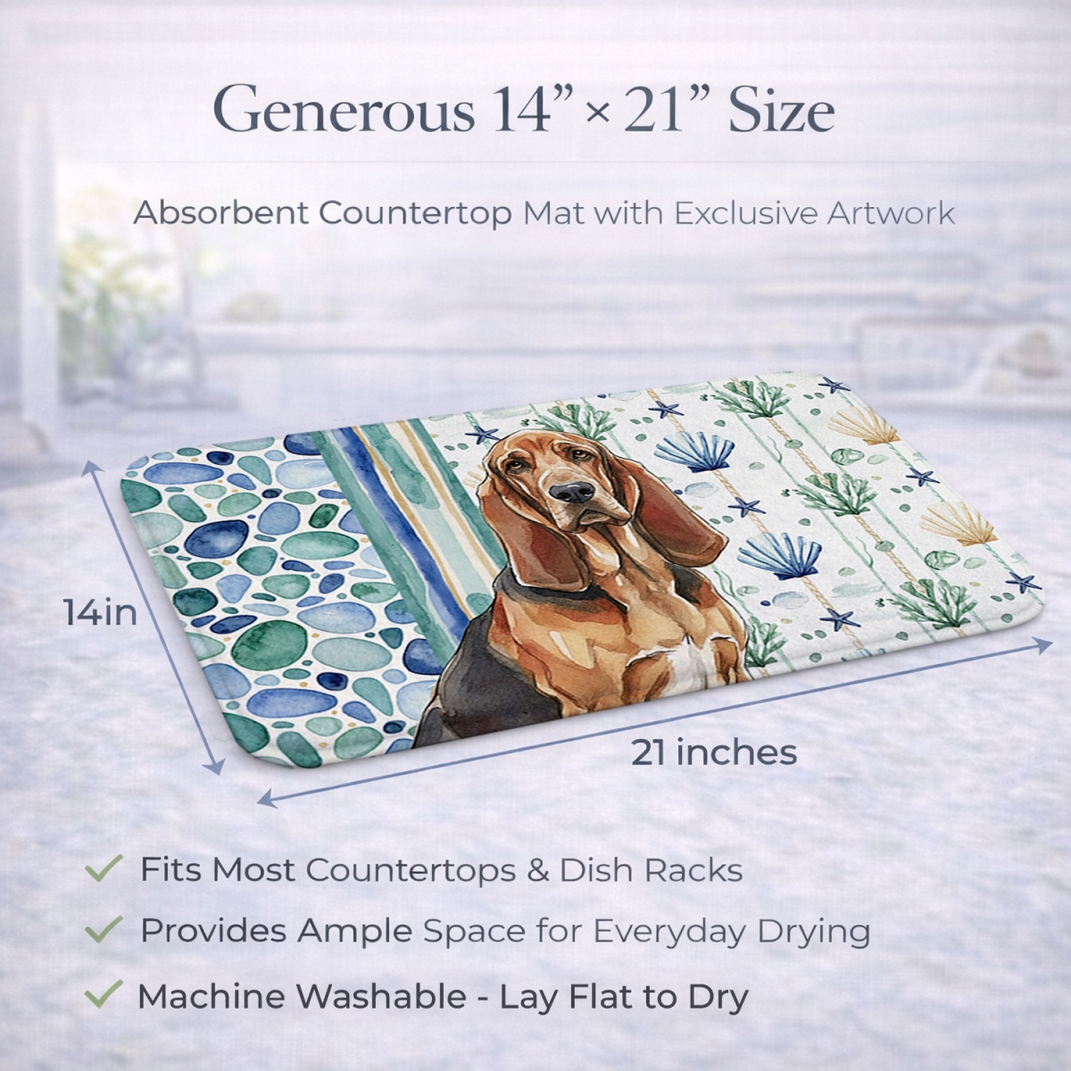 Picture of Carolines Treasures WDK6918DDM 21 x 14 in. Liver & Tan Bloodhound Coastal Sea Glass Dish Drying Mat