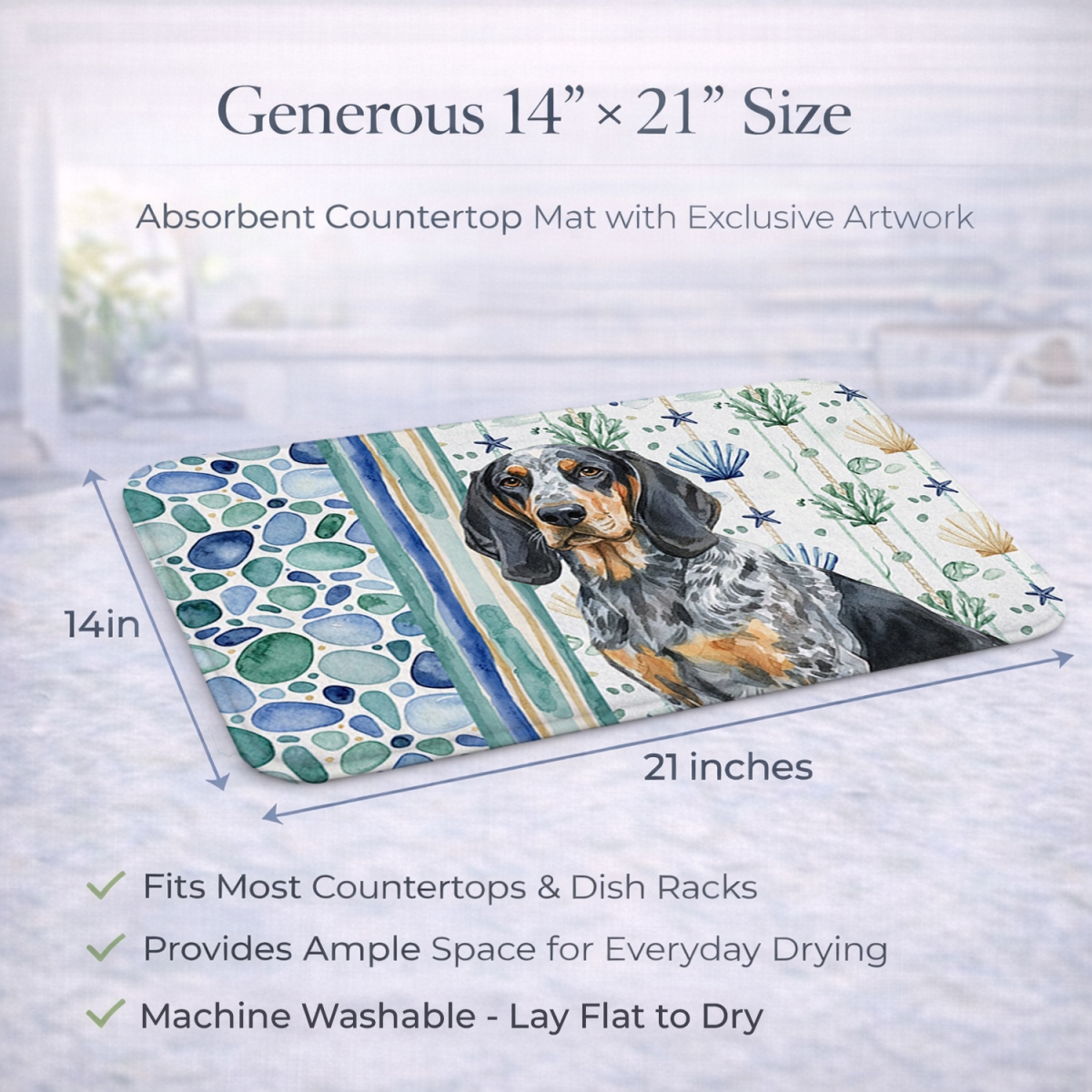 Picture of Carolines Treasures WDK6919DDM 21 x 14 in. Bluetick Coonhound Coastal Sea Glass Dish Drying Mat
