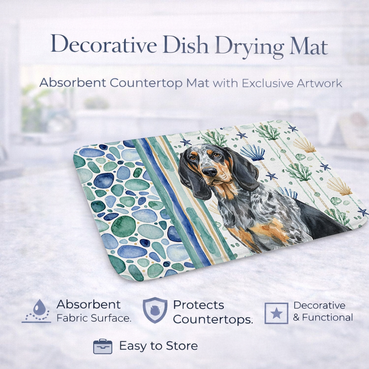 Picture of Carolines Treasures WDK6919DDM 21 x 14 in. Bluetick Coonhound Coastal Sea Glass Dish Drying Mat