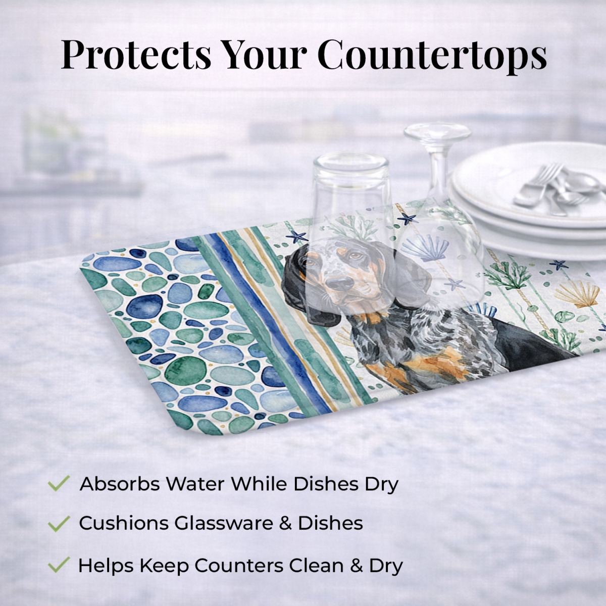 Picture of Carolines Treasures WDK6919DDM 21 x 14 in. Bluetick Coonhound Coastal Sea Glass Dish Drying Mat