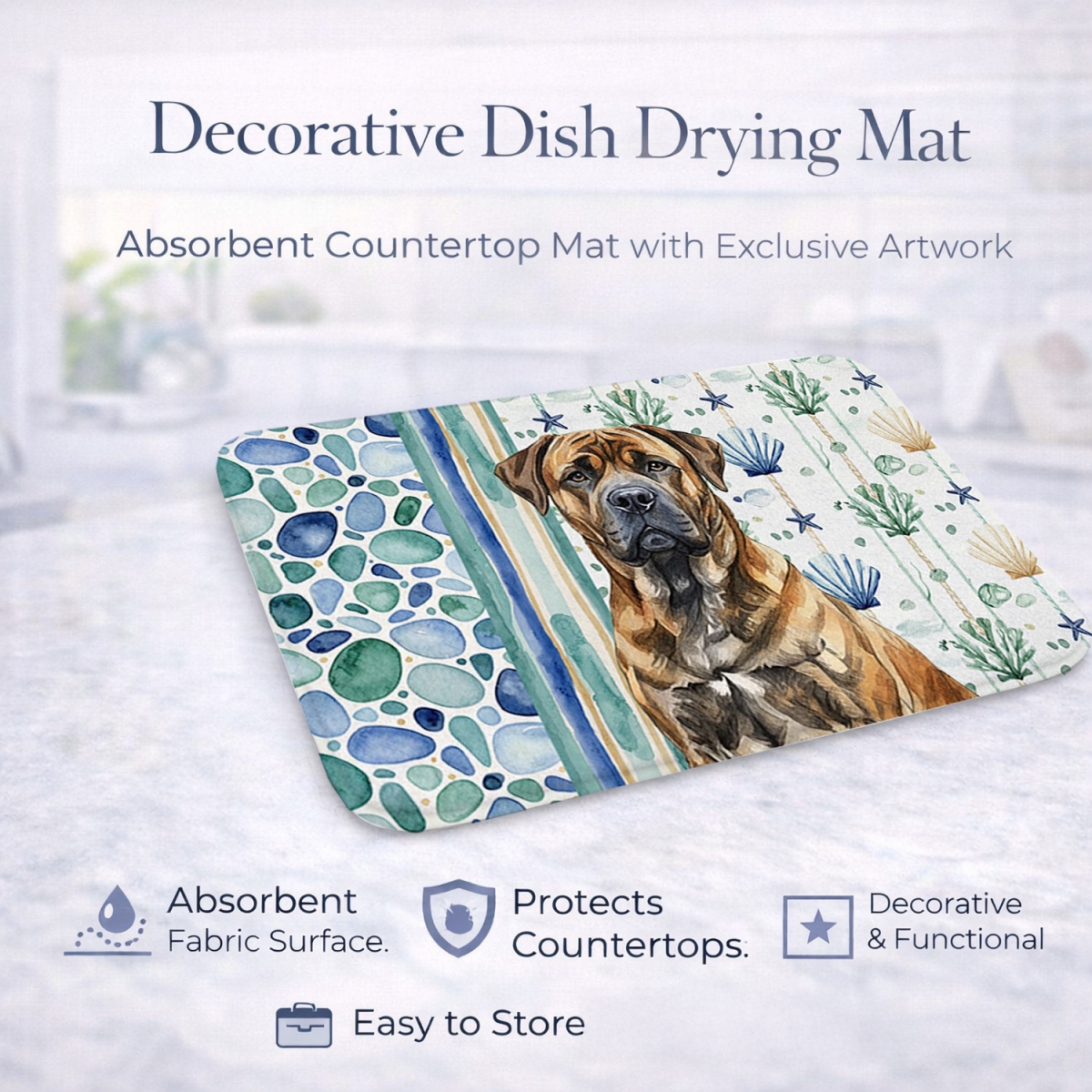 Picture of Carolines Treasures WDK6920DDM 21 x 14 in. Brindle Boerboel Coastal Sea Glass Dish Drying Mat
