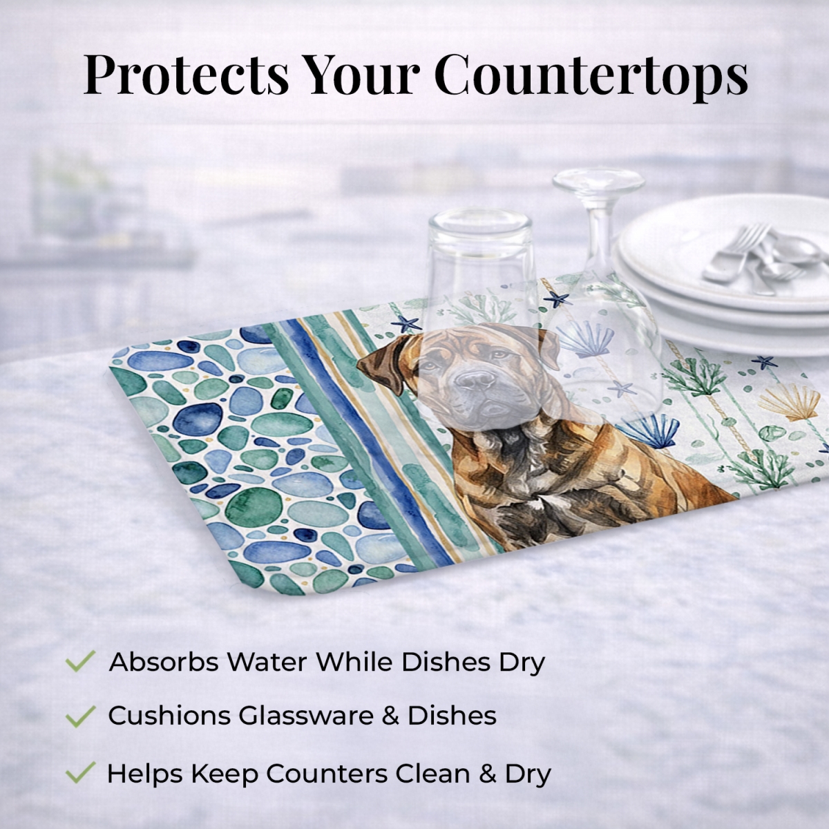 Picture of Carolines Treasures WDK6920DDM 21 x 14 in. Brindle Boerboel Coastal Sea Glass Dish Drying Mat