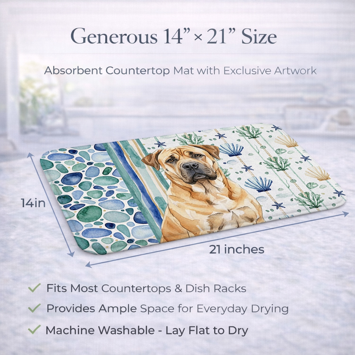 Picture of Carolines Treasures WDK6921DDM 21 x 14 in. Fawn Boerboel Coastal Sea Glass Dish Drying Mat