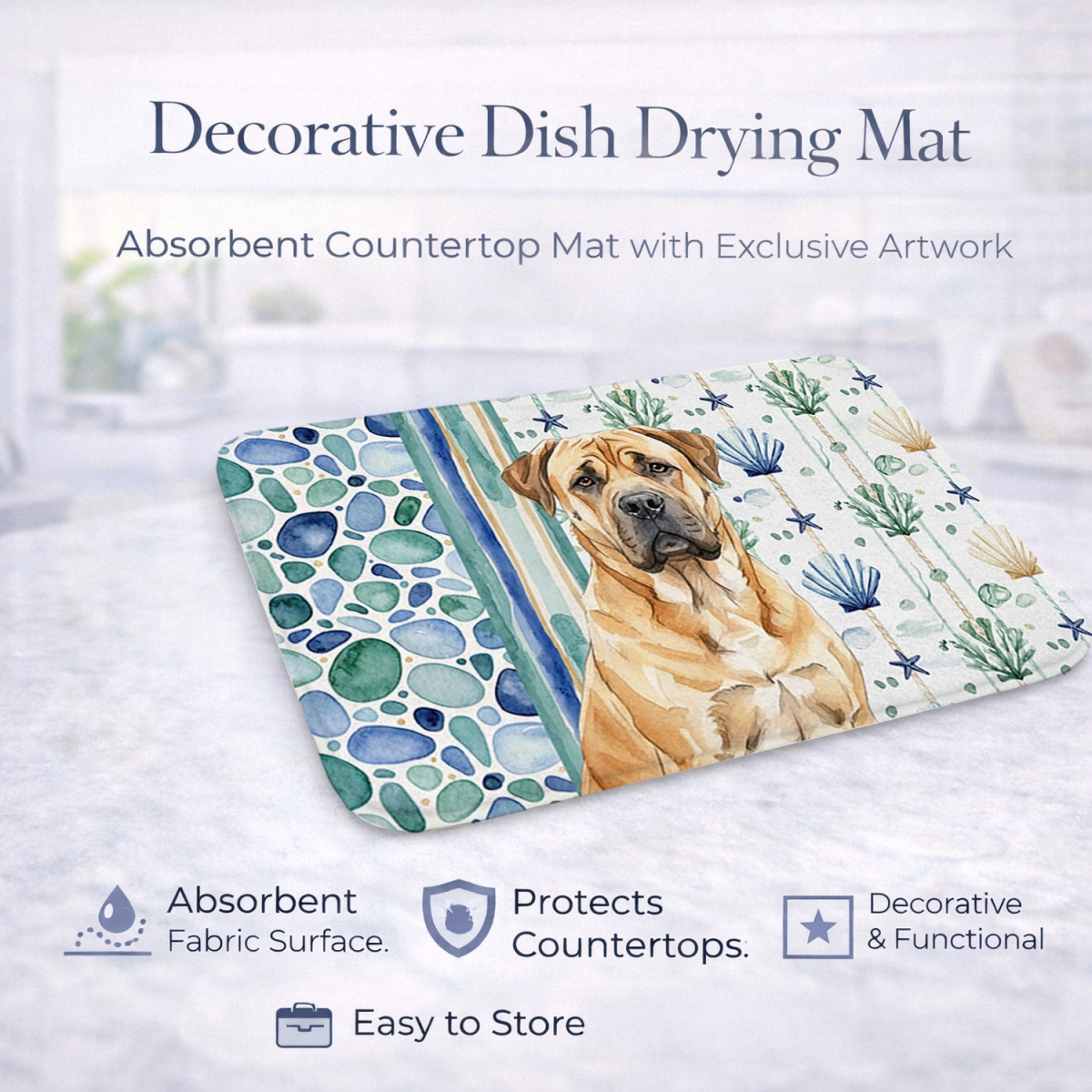 Picture of Carolines Treasures WDK6921DDM 21 x 14 in. Fawn Boerboel Coastal Sea Glass Dish Drying Mat