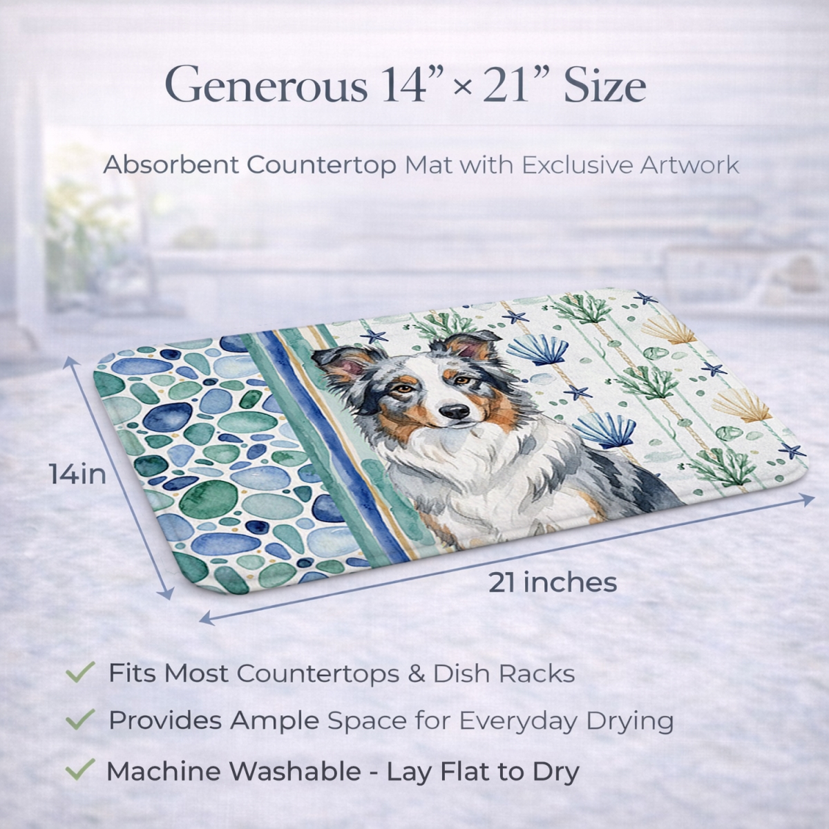 Picture of Carolines Treasures WDK6922DDM 21 x 14 in. Blue Merle Border Collie Coastal Sea Glass Dish Drying Mat