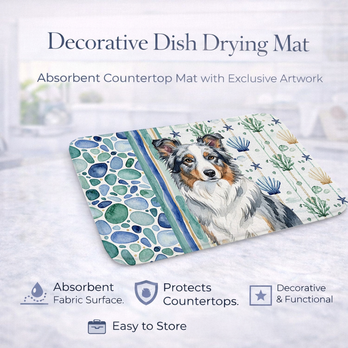 Picture of Carolines Treasures WDK6922DDM 21 x 14 in. Blue Merle Border Collie Coastal Sea Glass Dish Drying Mat
