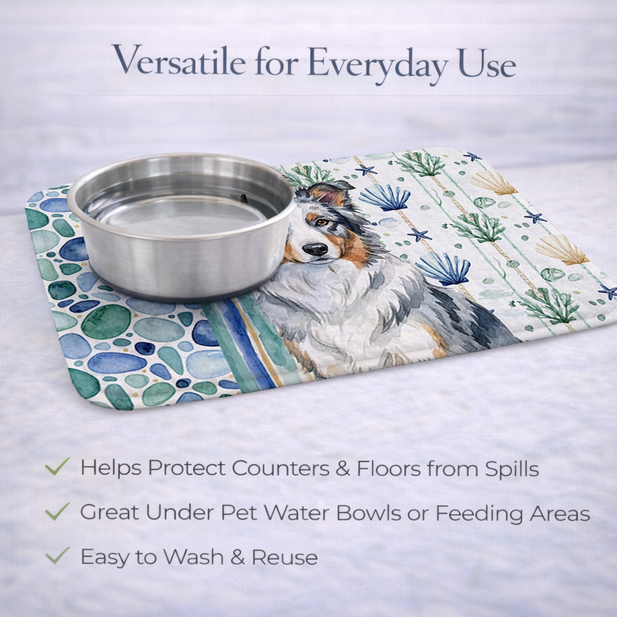 Picture of Carolines Treasures WDK6922DDM 21 x 14 in. Blue Merle Border Collie Coastal Sea Glass Dish Drying Mat