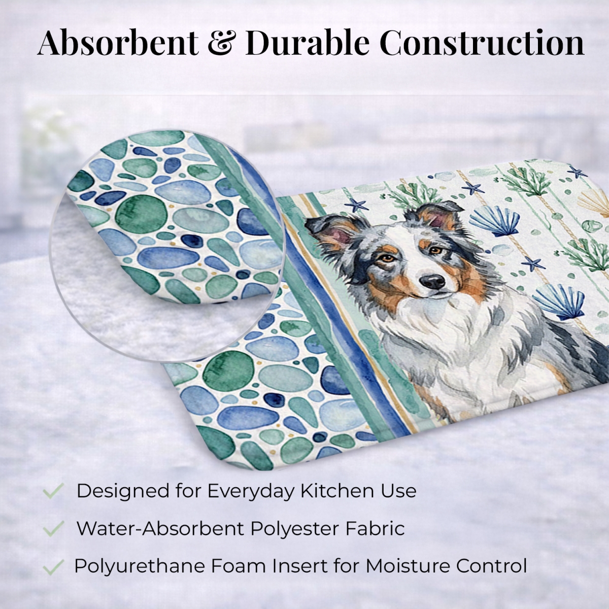 Picture of Carolines Treasures WDK6922DDM 21 x 14 in. Blue Merle Border Collie Coastal Sea Glass Dish Drying Mat