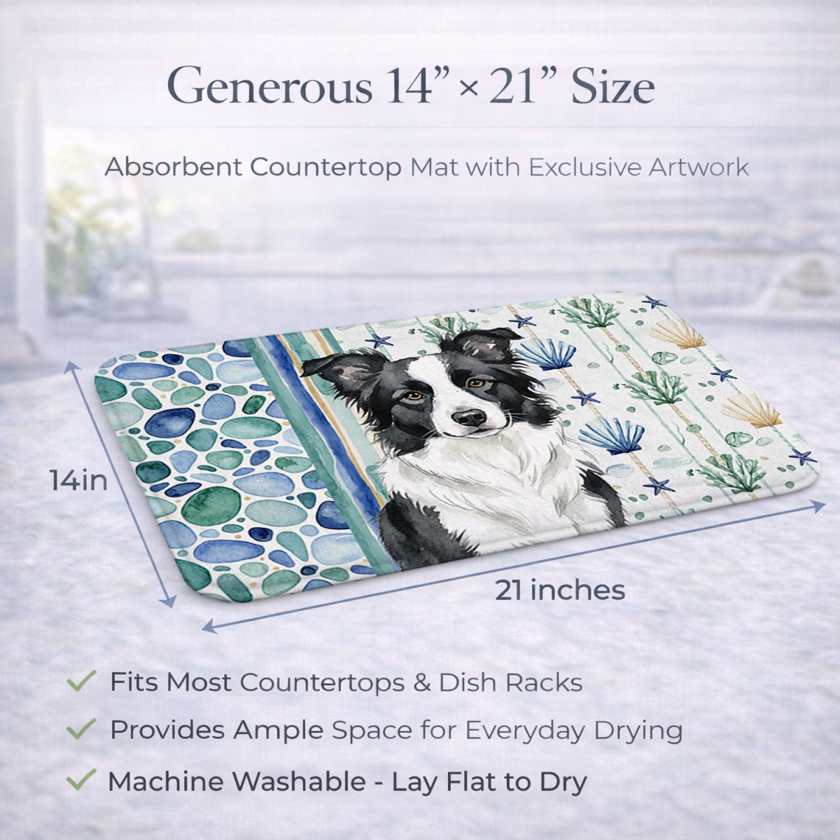 Picture of Carolines Treasures WDK6923DDM 21 x 14 in. Border Collie Coastal Sea Glass Dish Drying Mat