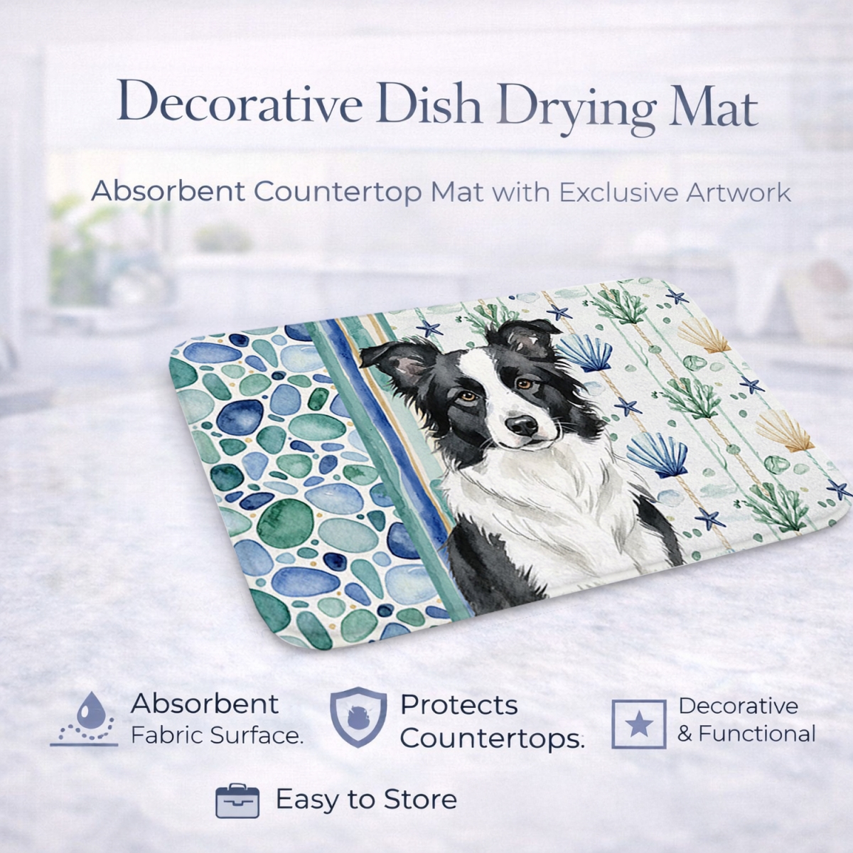 Picture of Carolines Treasures WDK6923DDM 21 x 14 in. Border Collie Coastal Sea Glass Dish Drying Mat
