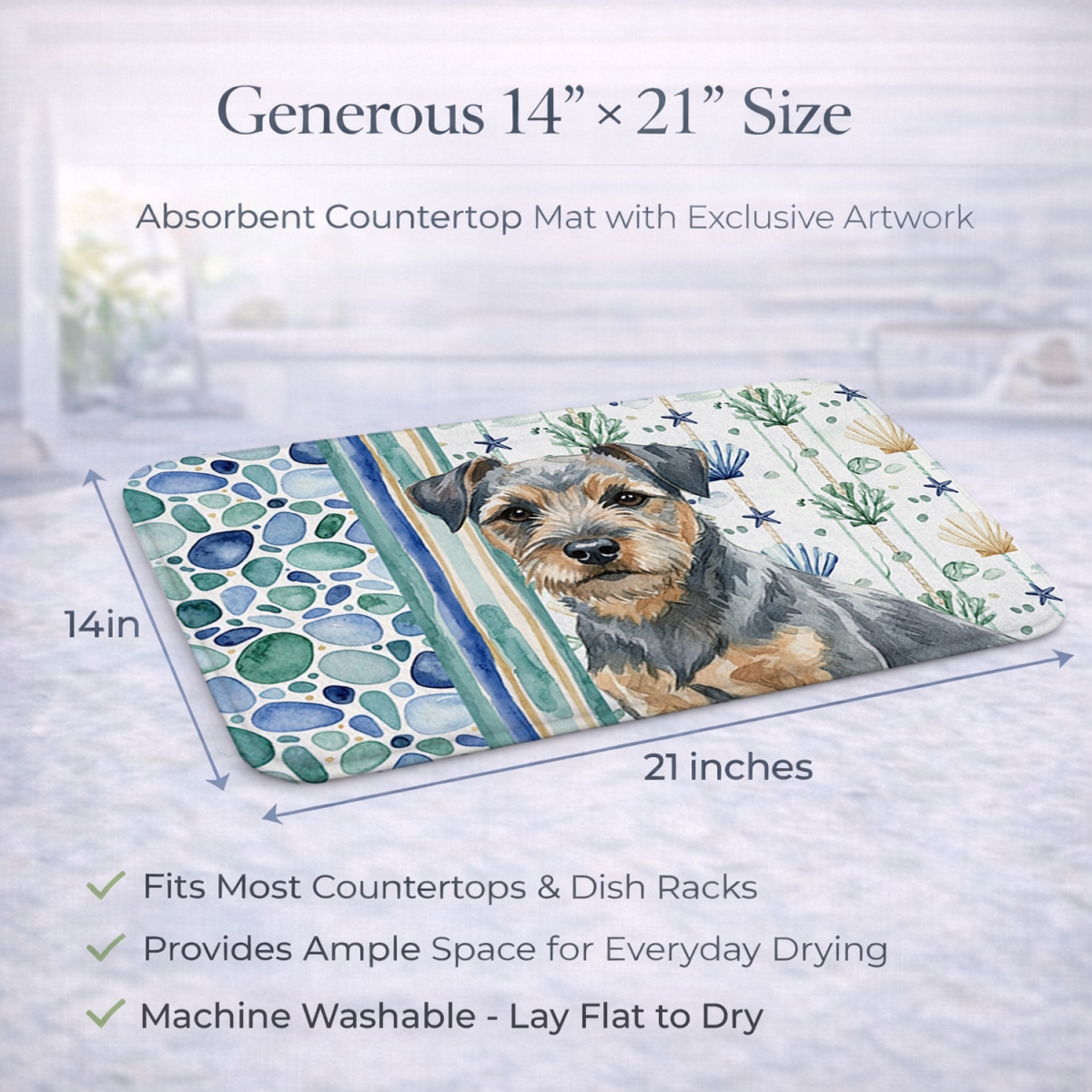 Picture of Carolines Treasures WDK6925DDM 21 x 14 in. Blue & Tan Border Terrier Coastal Sea Glass Dish Drying Mat