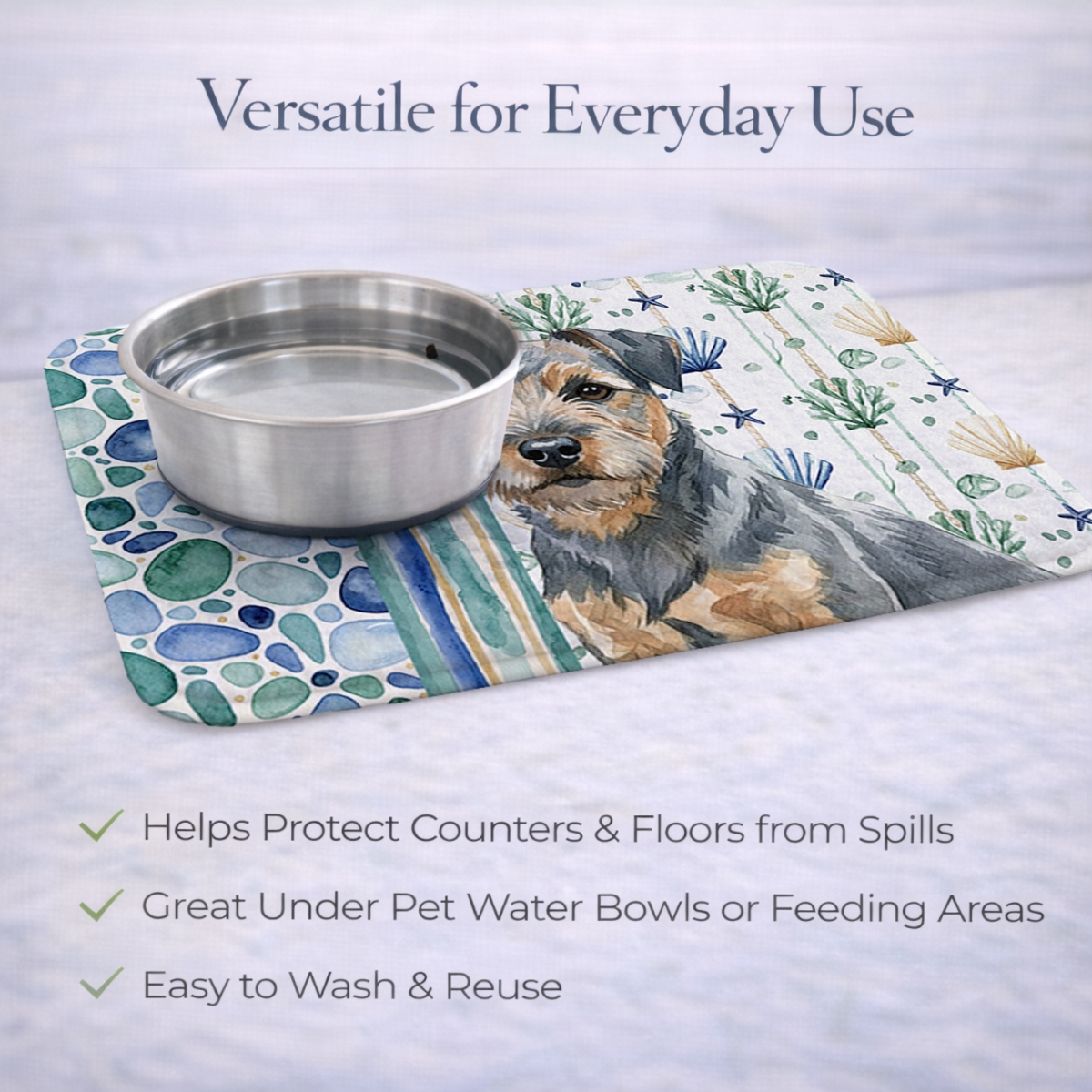 Picture of Carolines Treasures WDK6925DDM 21 x 14 in. Blue & Tan Border Terrier Coastal Sea Glass Dish Drying Mat