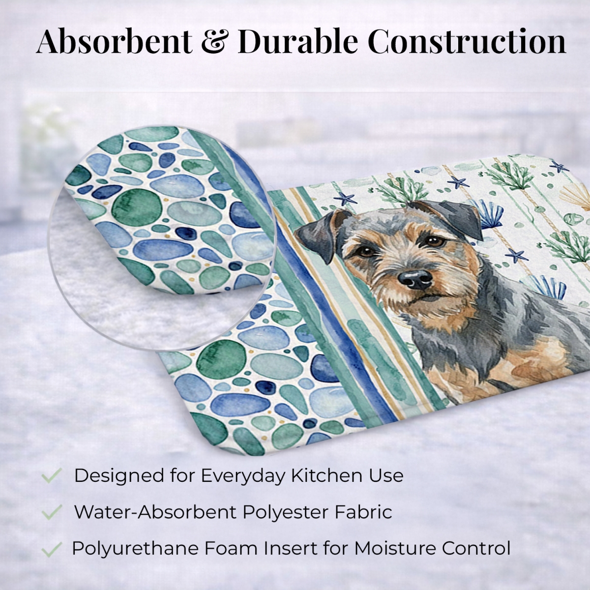 Picture of Carolines Treasures WDK6925DDM 21 x 14 in. Blue & Tan Border Terrier Coastal Sea Glass Dish Drying Mat
