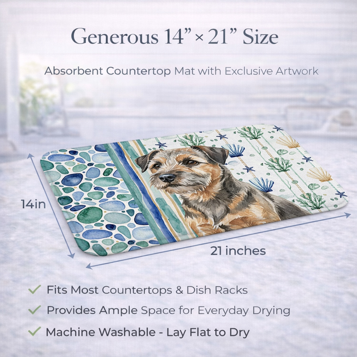 Picture of Carolines Treasures WDK6926DDM 21 x 14 in. Grizzle & Tan Border Terrier Coastal Sea Glass Dish Drying Mat