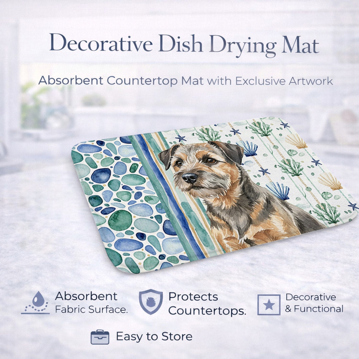 Picture of Carolines Treasures WDK6926DDM 21 x 14 in. Grizzle & Tan Border Terrier Coastal Sea Glass Dish Drying Mat