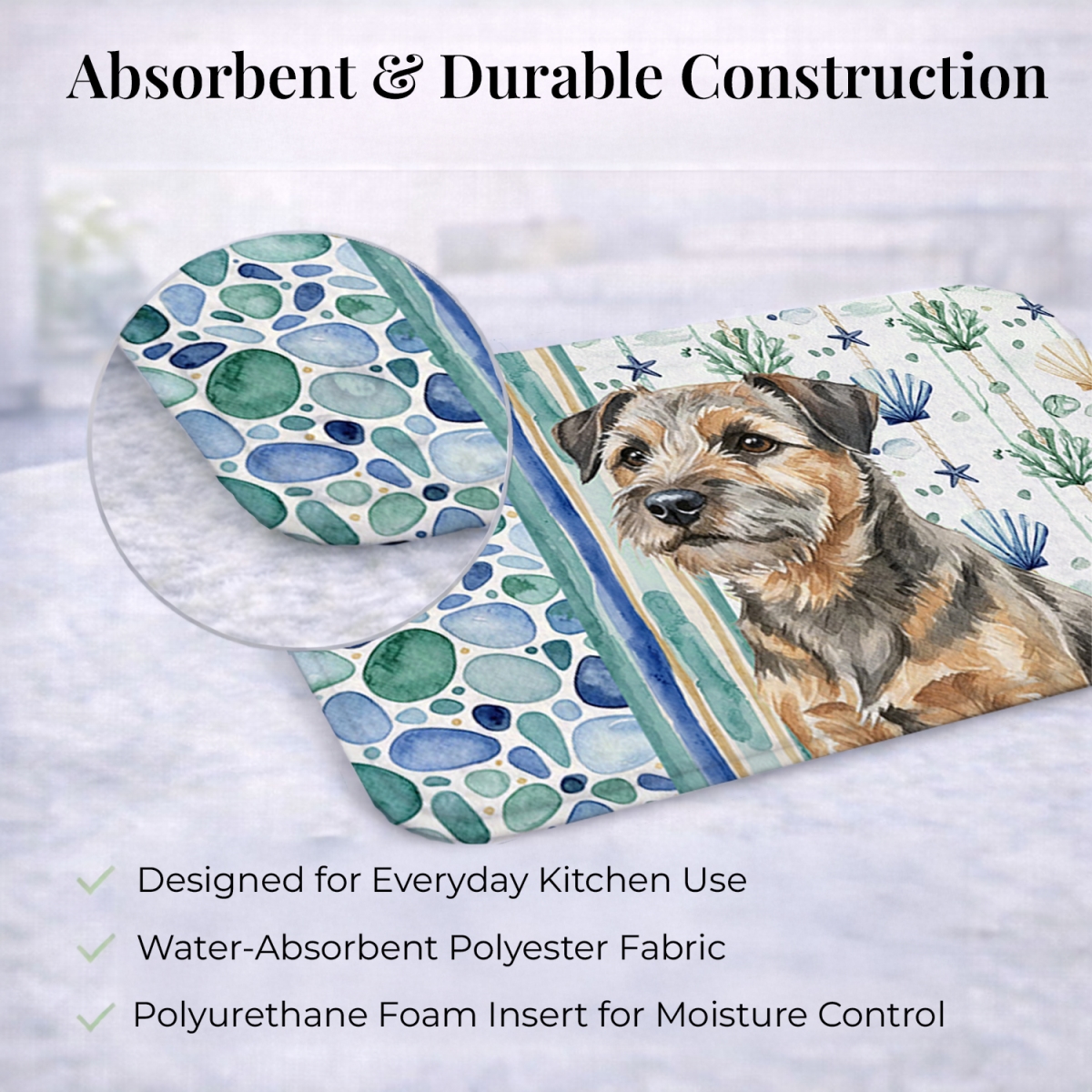 Picture of Carolines Treasures WDK6926DDM 21 x 14 in. Grizzle & Tan Border Terrier Coastal Sea Glass Dish Drying Mat