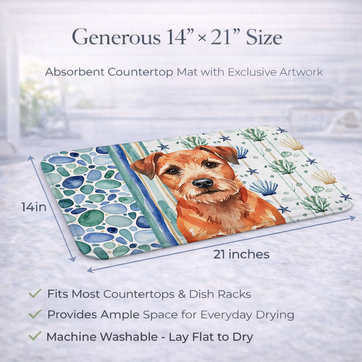 Picture of Carolines Treasures WDK6927DDM 21 x 14 in. Red Border Terrier Coastal Sea Glass Dish Drying Mat