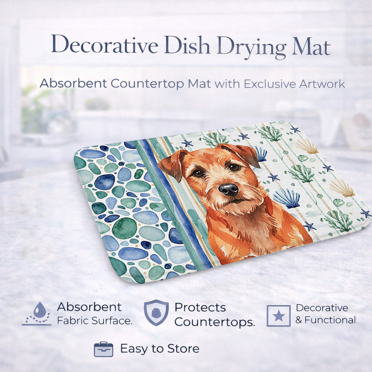 Picture of Carolines Treasures WDK6927DDM 21 x 14 in. Red Border Terrier Coastal Sea Glass Dish Drying Mat