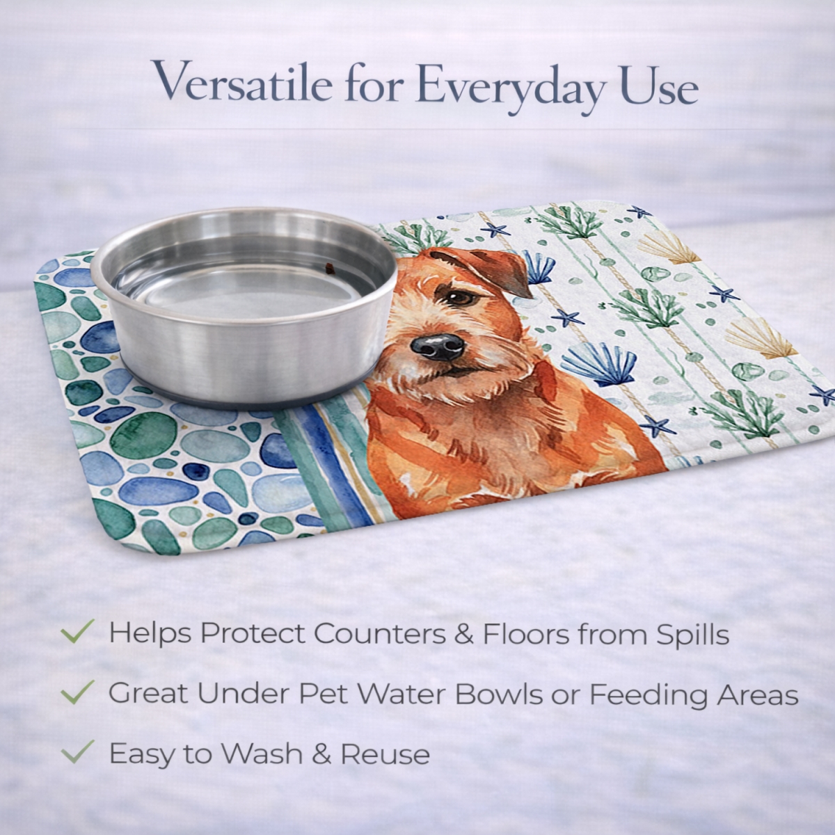 Picture of Carolines Treasures WDK6927DDM 21 x 14 in. Red Border Terrier Coastal Sea Glass Dish Drying Mat