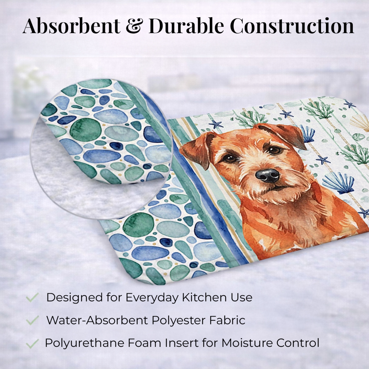 Picture of Carolines Treasures WDK6927DDM 21 x 14 in. Red Border Terrier Coastal Sea Glass Dish Drying Mat