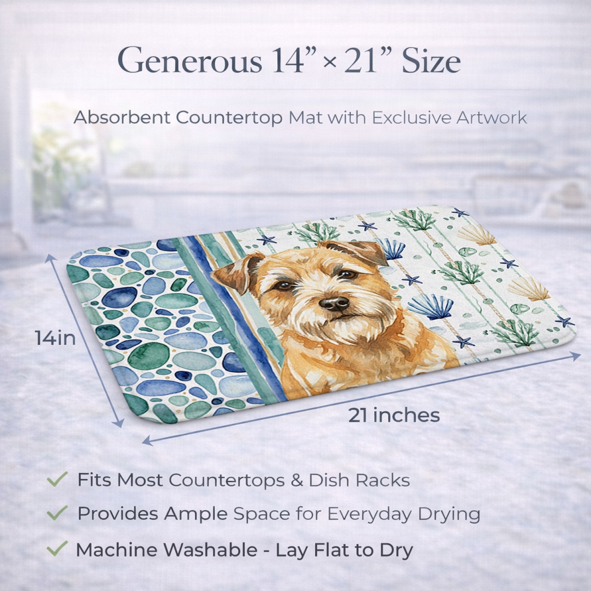 Picture of Carolines Treasures WDK6928DDM 21 x 14 in. Wheaten Border Terrier Coastal Sea Glass Dish Drying Mat