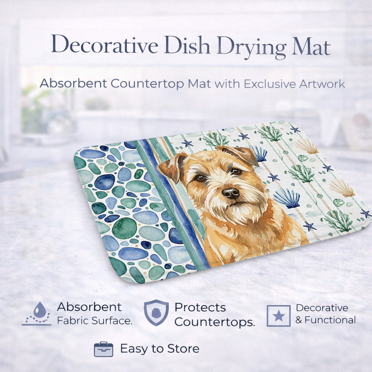 Picture of Carolines Treasures WDK6928DDM 21 x 14 in. Wheaten Border Terrier Coastal Sea Glass Dish Drying Mat