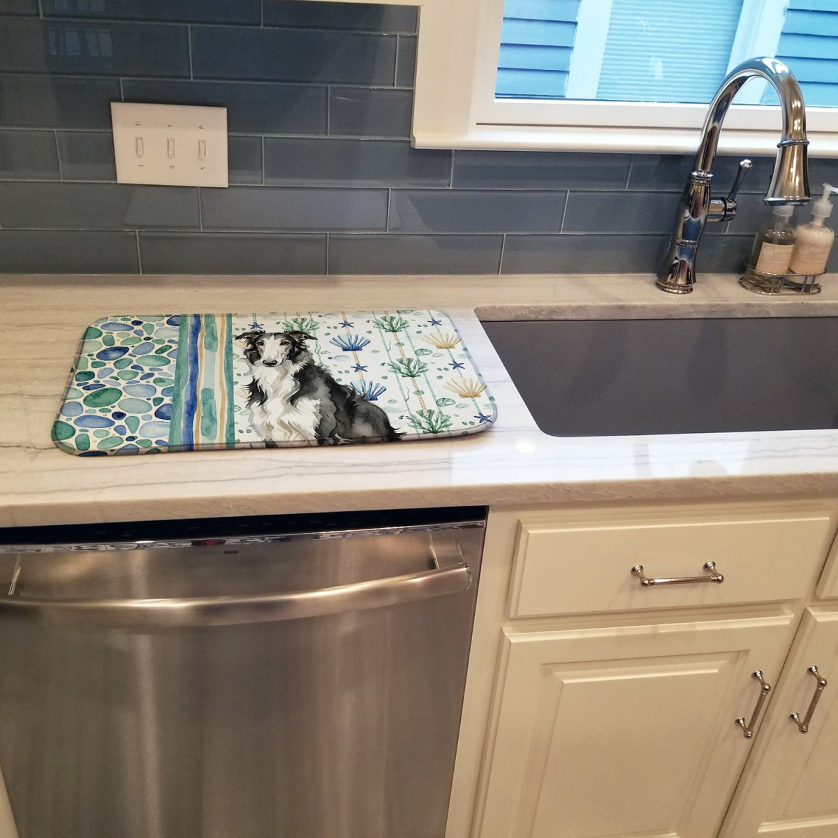 Picture of Carolines Treasures WDK6929DDM 21 x 14 in. Black & White Borzoi Coastal Sea Glass Dish Drying Mat