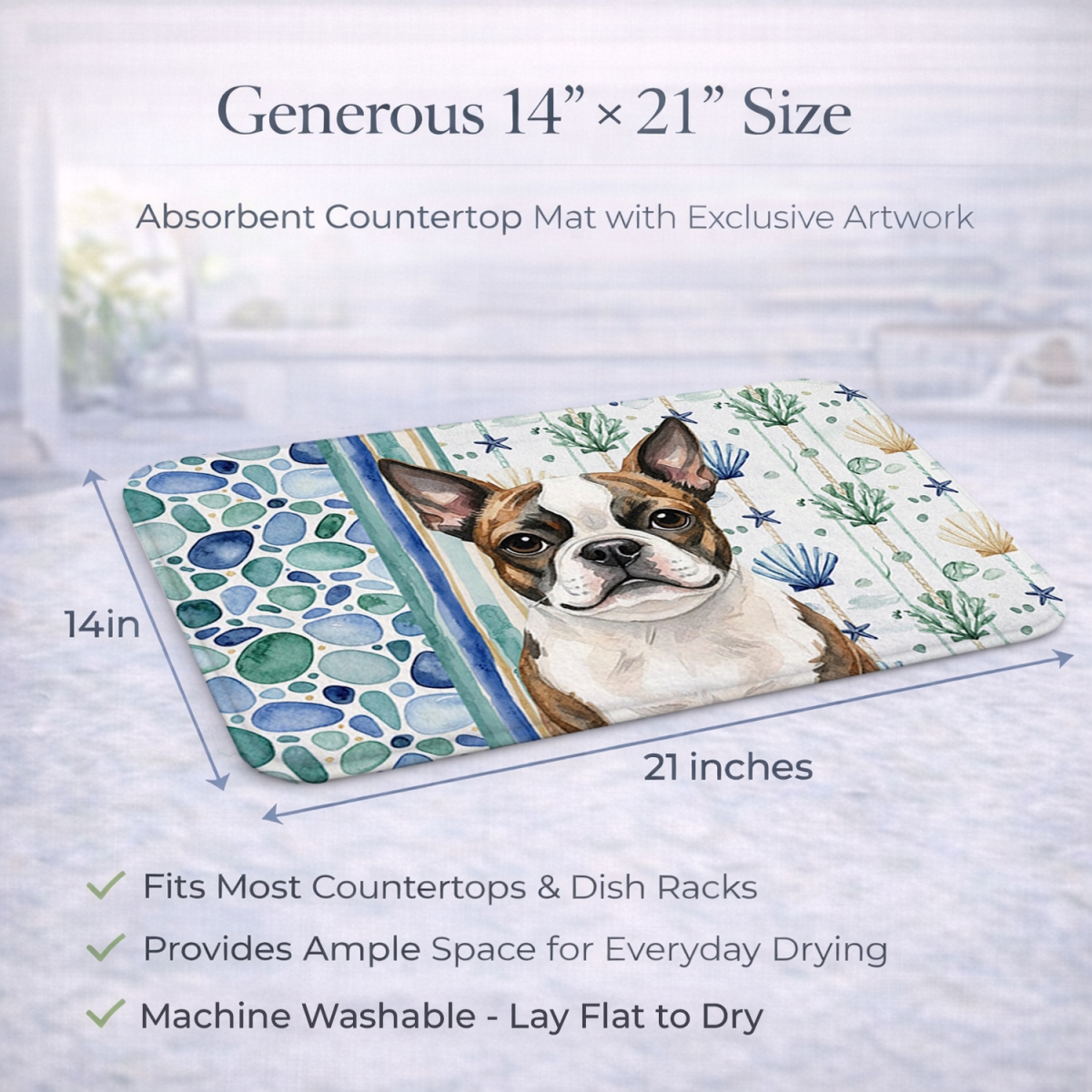 Picture of Carolines Treasures WDK6931DDM 21 x 14 in. Brindle Boston Terrier Coastal Sea Glass Dish Drying Mat