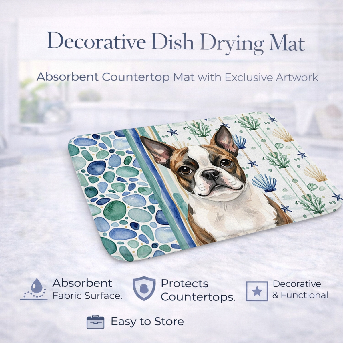 Picture of Carolines Treasures WDK6931DDM 21 x 14 in. Brindle Boston Terrier Coastal Sea Glass Dish Drying Mat