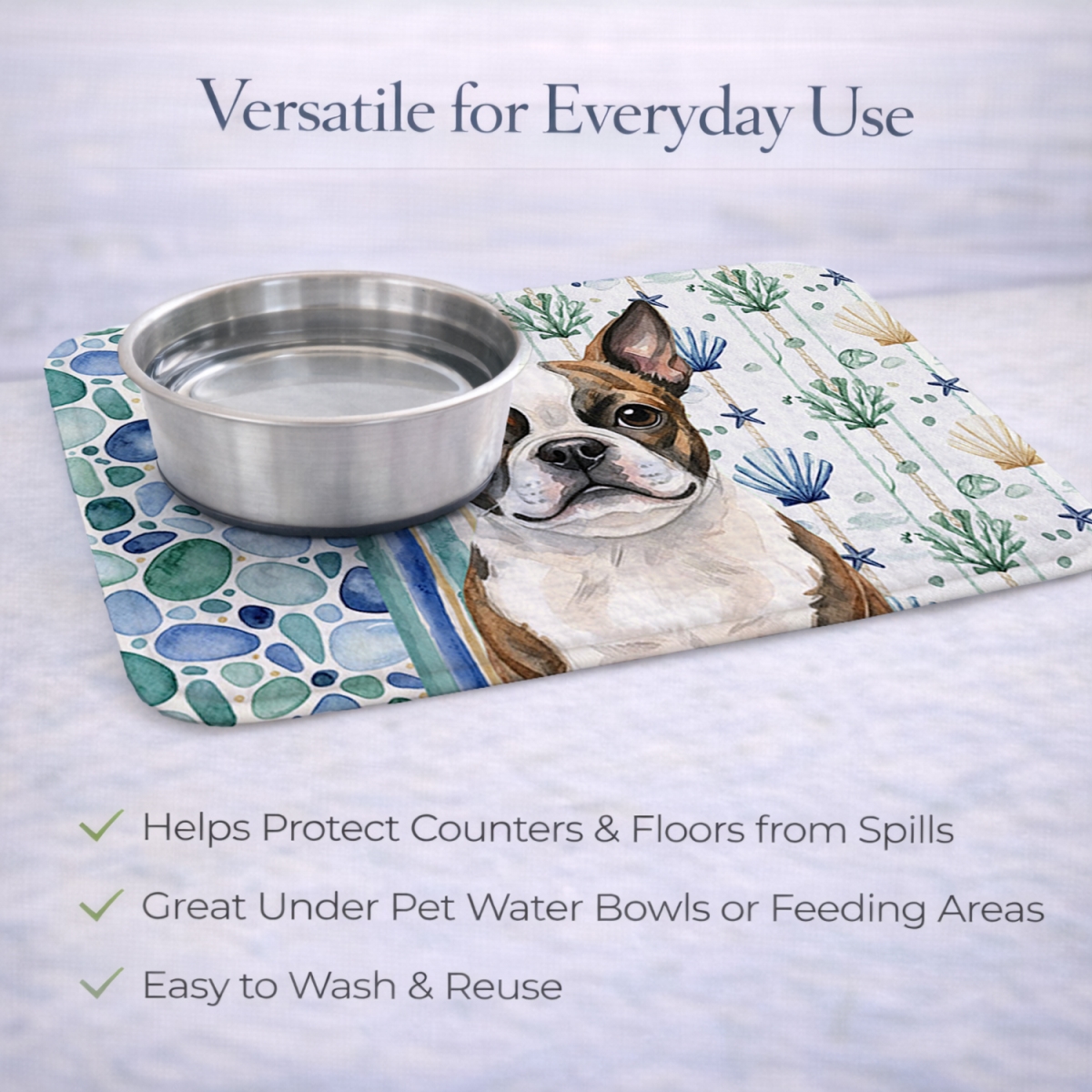 Picture of Carolines Treasures WDK6931DDM 21 x 14 in. Brindle Boston Terrier Coastal Sea Glass Dish Drying Mat