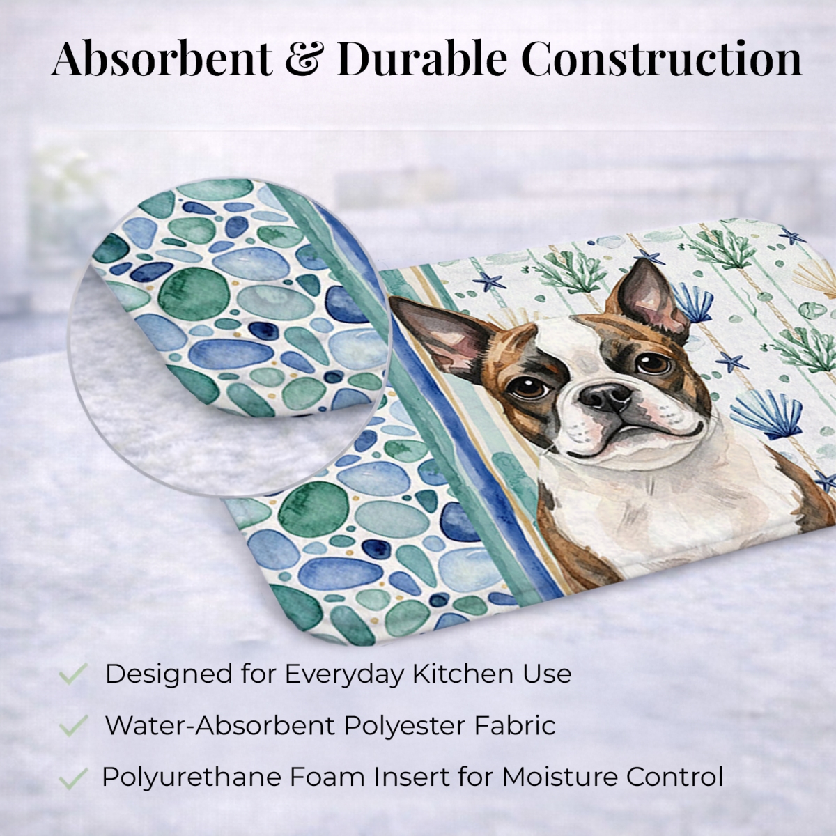Picture of Carolines Treasures WDK6931DDM 21 x 14 in. Brindle Boston Terrier Coastal Sea Glass Dish Drying Mat