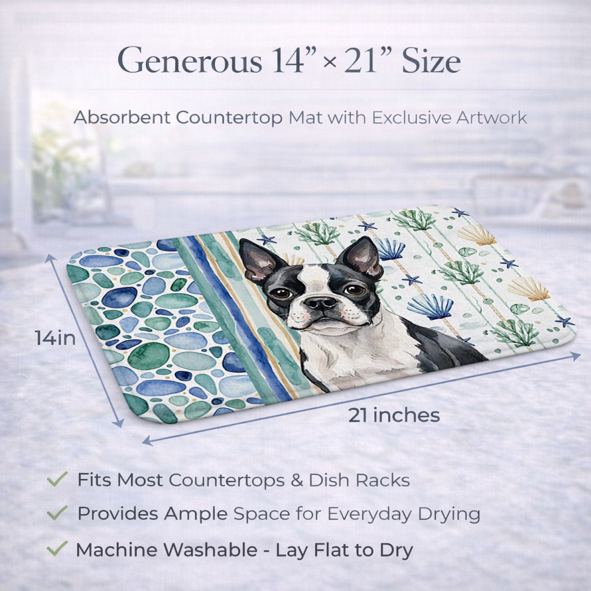 Picture of Carolines Treasures WDK6932DDM 21 x 14 in. Boston Terrier Coastal Sea Glass Dish Drying Mat