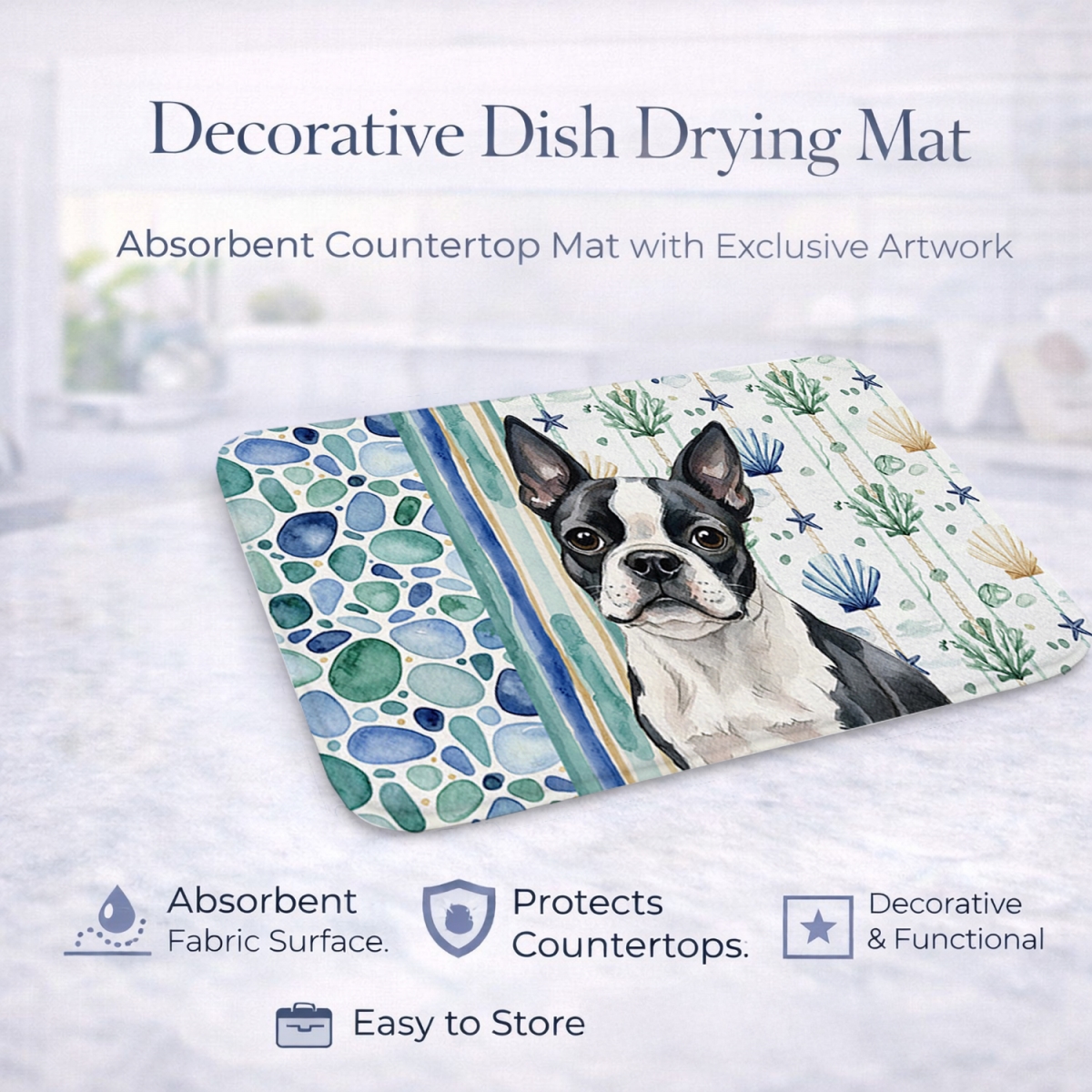 Picture of Carolines Treasures WDK6932DDM 21 x 14 in. Boston Terrier Coastal Sea Glass Dish Drying Mat