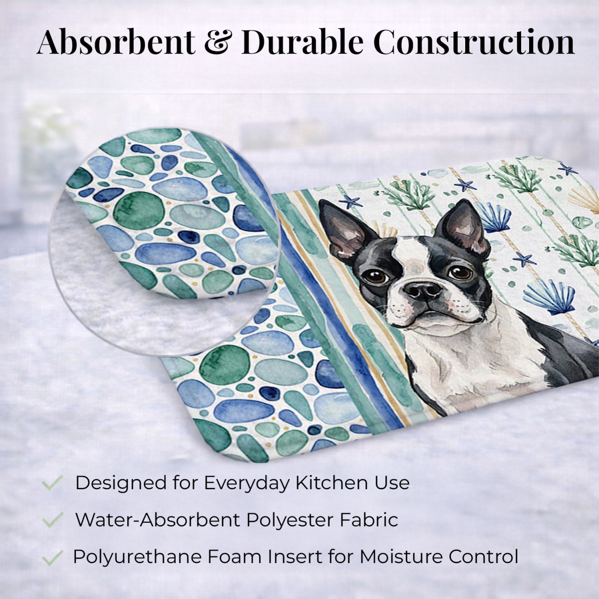 Picture of Carolines Treasures WDK6932DDM 21 x 14 in. Boston Terrier Coastal Sea Glass Dish Drying Mat