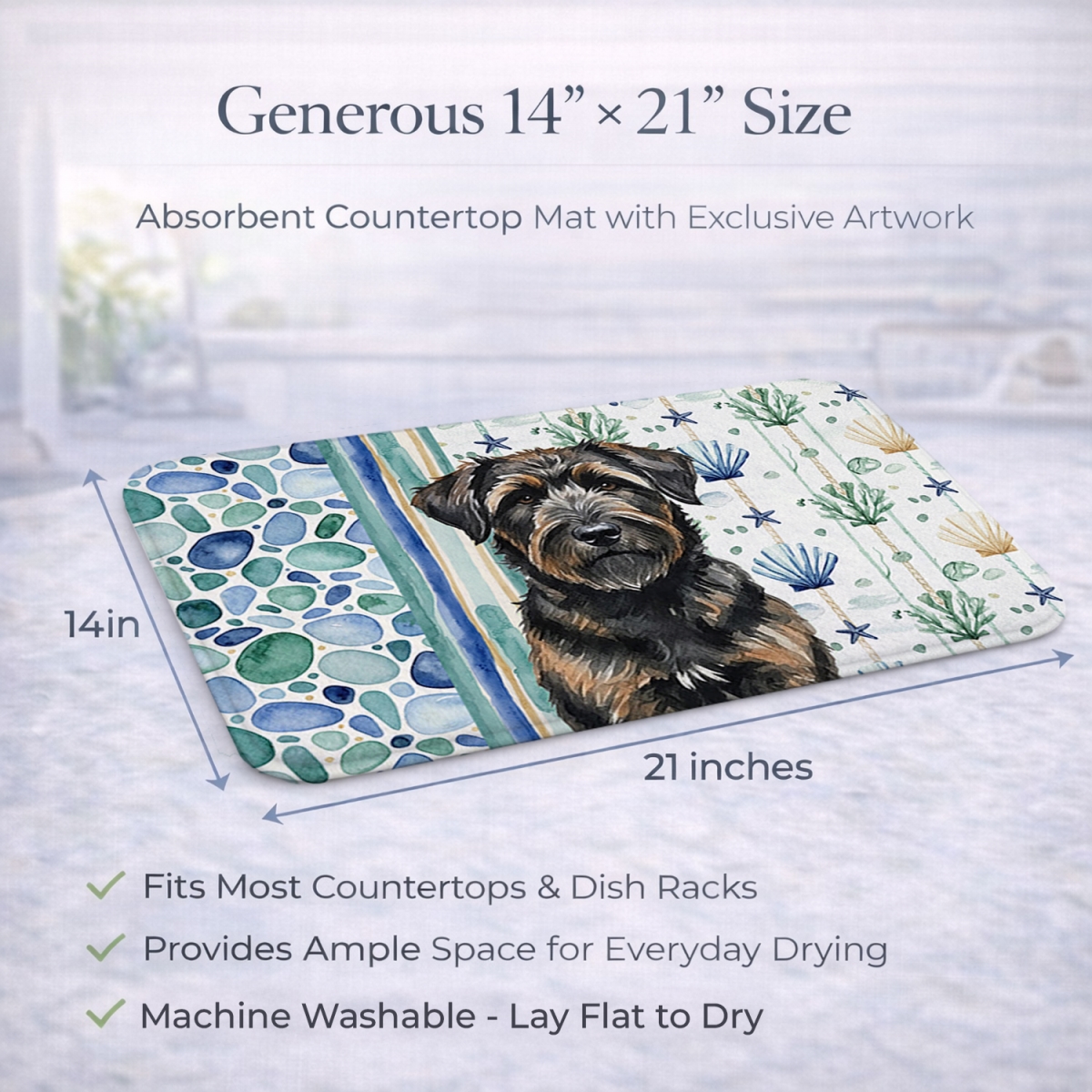 Picture of Carolines Treasures WDK6934DDM 21 x 14 in. Brindle Bouvier Des Flandres Coastal Sea Glass Dish Drying Mat