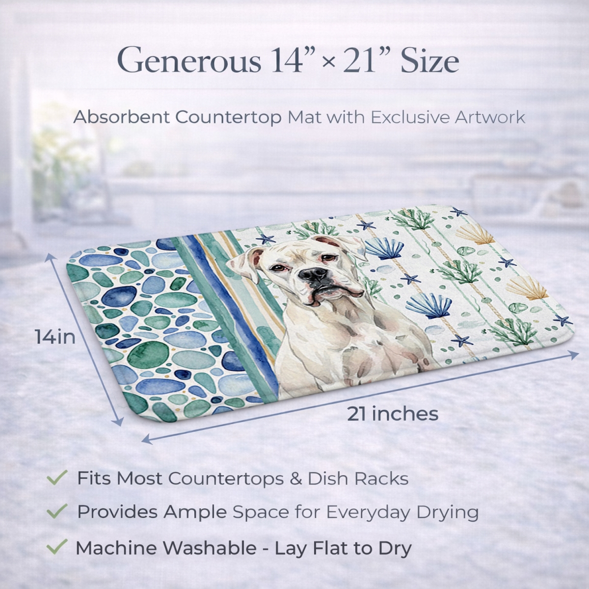 Picture of Carolines Treasures WDK6937DDM 21 x 14 in. White Boxer Coastal Sea Glass Dish Drying Mat