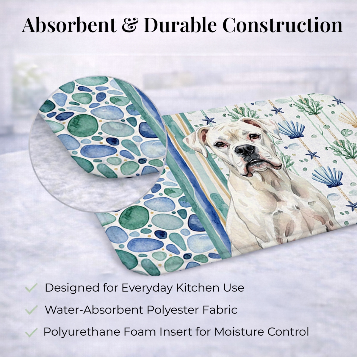 Picture of Carolines Treasures WDK6937DDM 21 x 14 in. White Boxer Coastal Sea Glass Dish Drying Mat