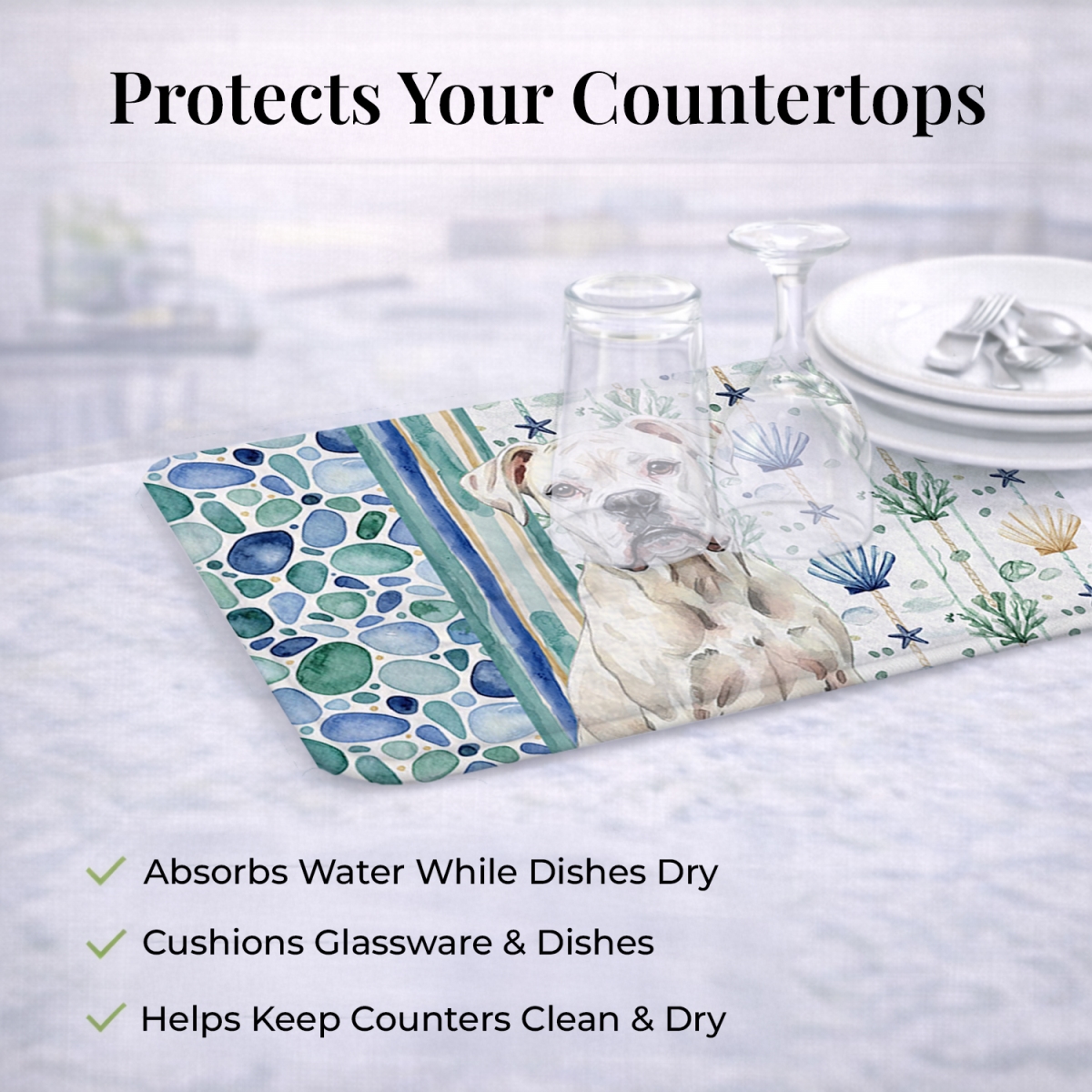 Picture of Carolines Treasures WDK6937DDM 21 x 14 in. White Boxer Coastal Sea Glass Dish Drying Mat