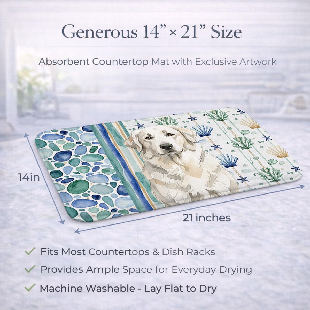 Picture of Carolines Treasures WDK7058DDM 21 x 14 in. White Great Pyrenees Coastal Sea Glass Dish Drying Mat