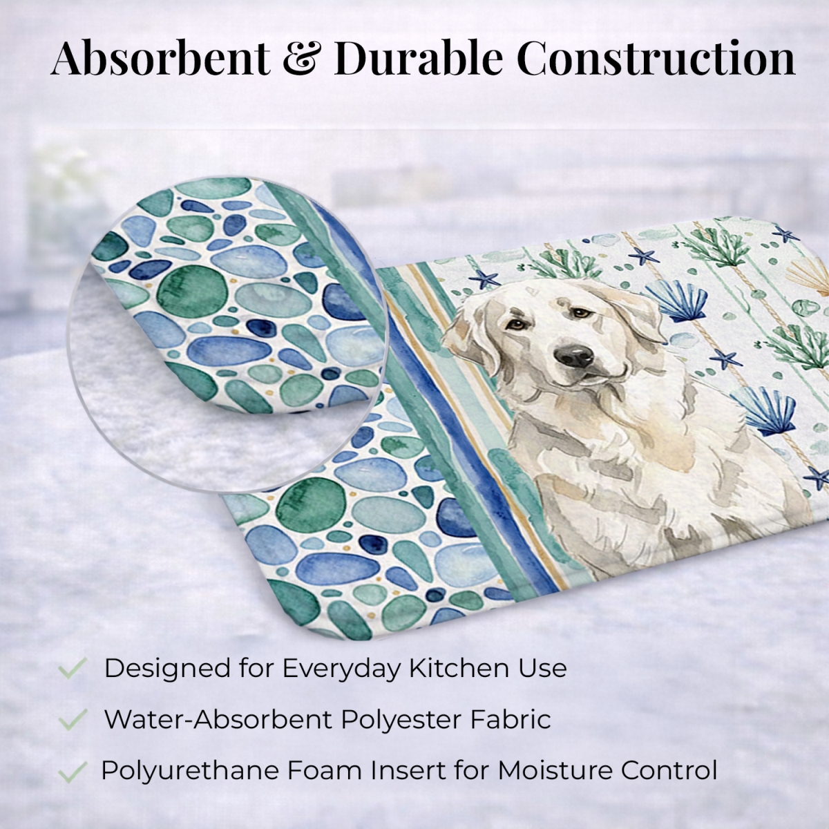Picture of Carolines Treasures WDK7058DDM 21 x 14 in. White Great Pyrenees Coastal Sea Glass Dish Drying Mat