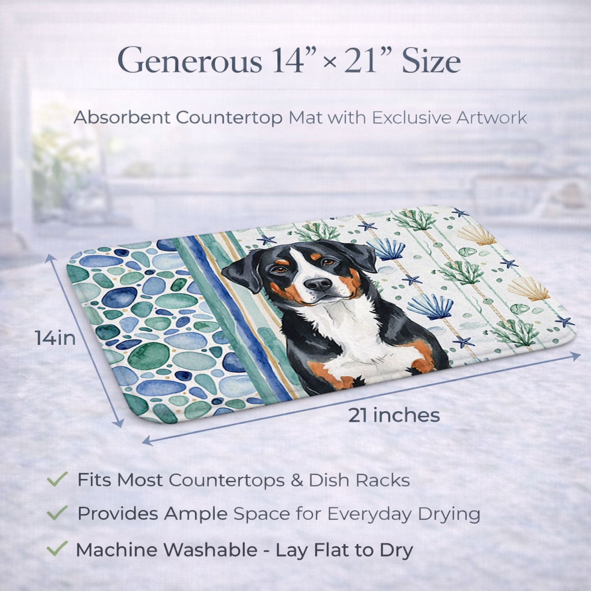 Picture of Carolines Treasures WDK7059DDM 21 x 14 in. Greater Swiss Mountain Dog Coastal Sea Glass Dish Drying Mat